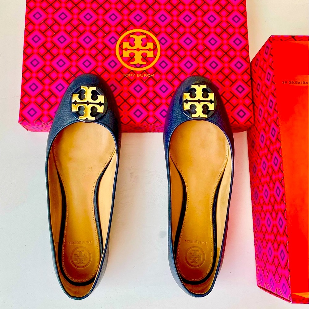 ❤️NAVY BLUE GOLD NAUTICAL TORY BURCH BALLET FLATS RUBBER BOTTOM EXCELLENT